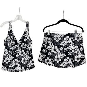 NWOT INGEAR Swim Set Sz 10 Floral Black White Hibiscus Adjust Strap Padded Skirt